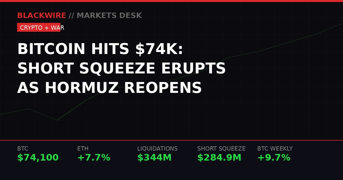 Bitcoin hits $74,000 - short squeeze and Hormuz reopening