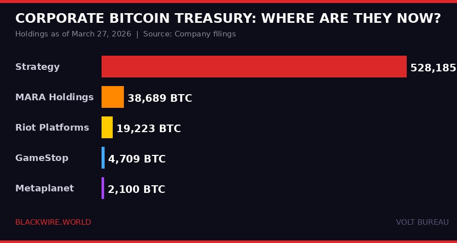 Corporate bitcoin treasury holdings comparison March 2026